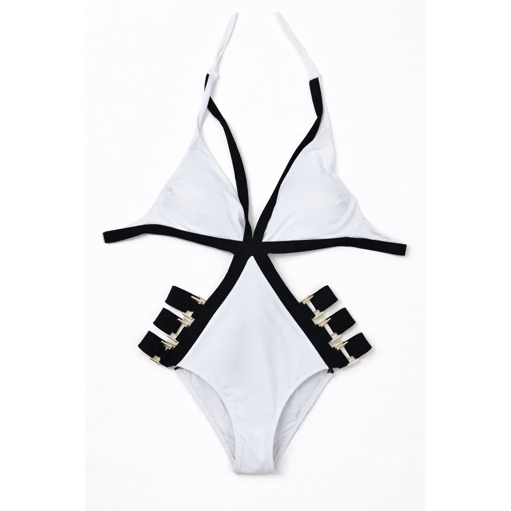 MOEVA LONDON White Black Halter One Piece Swimsuit Buckle Cutout Size S